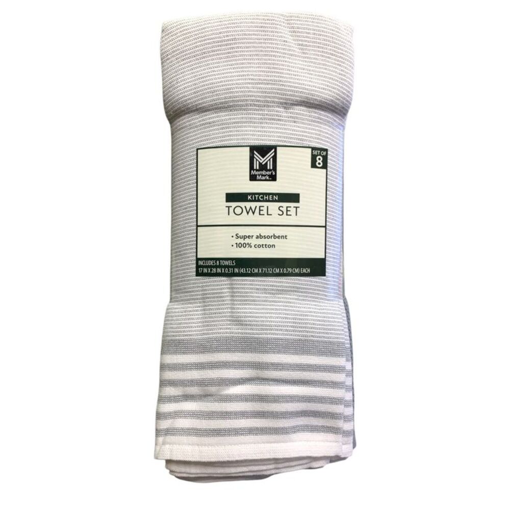 Member's Mark Plaid Leno 8 Piece 100% Cotton Kitchen Towel Set - Grey Flannel